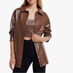 NWT Express Faux Leather Croc Snake Embossed Shacket Jacket Snap Front Brown XS